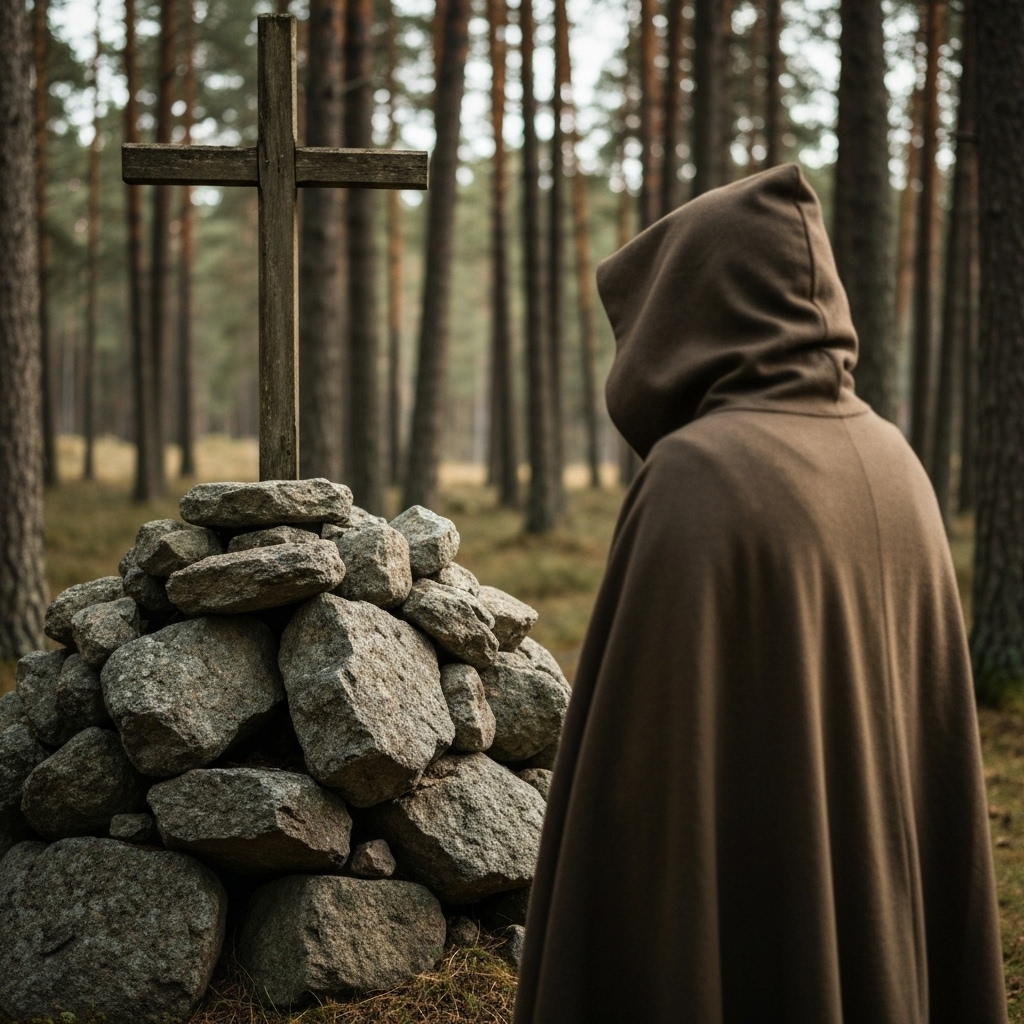 burial, cross, cloaked person praying on tomb
